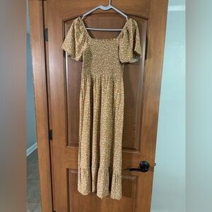 Mustard floral smocked maternity dress